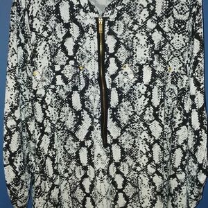 Calvin Klein Black and White Snake Print Top with Gold Zipper, Size 2XL